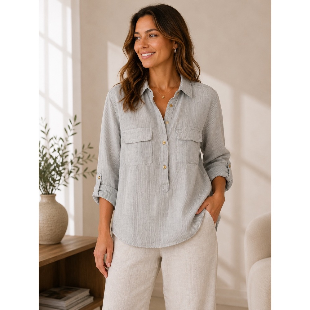 Ellen Tracy Women Tops 100% Linen Tunic Roll Tab Sleeve Shirt Size Mβ Striped